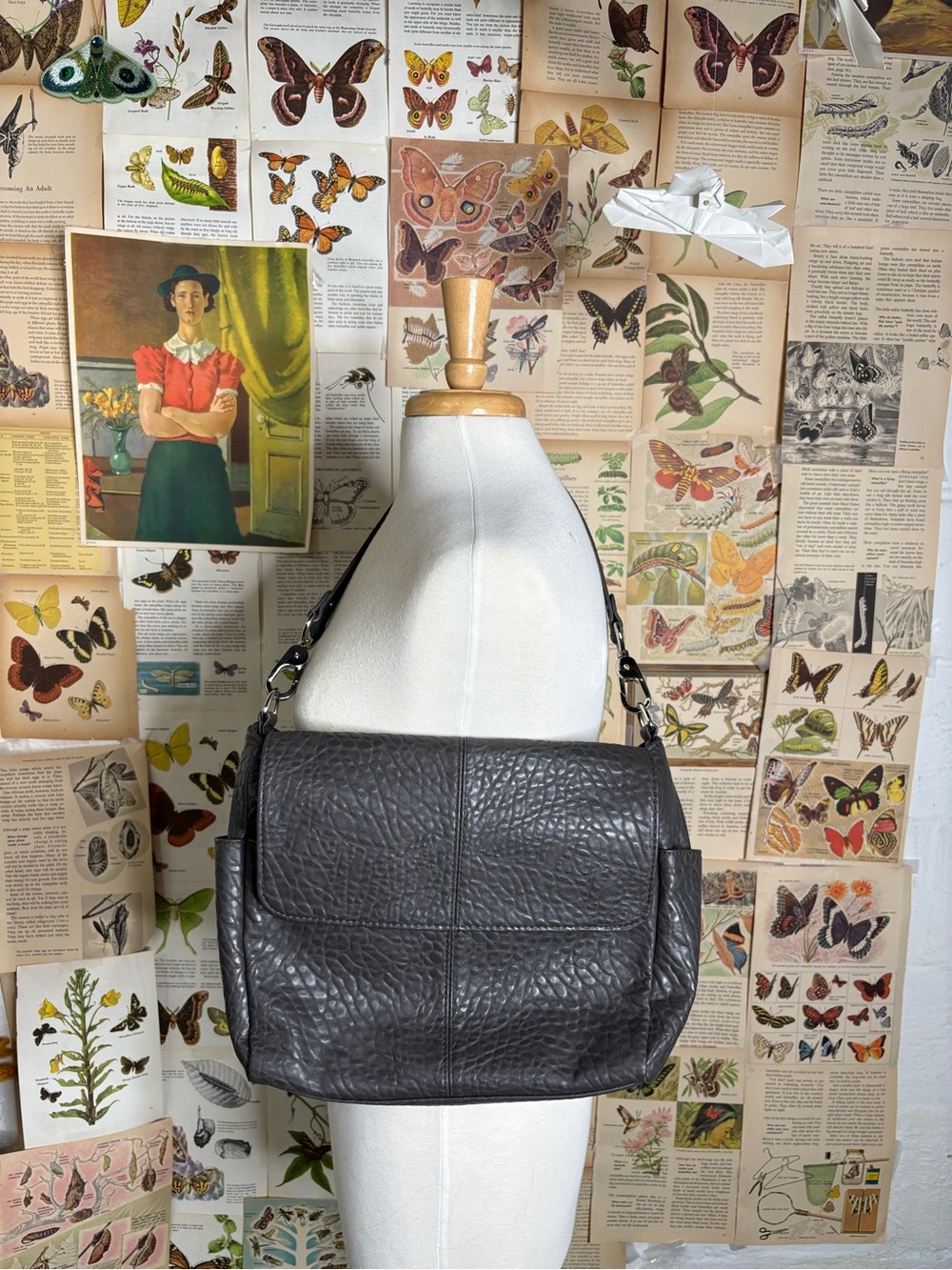 Textured Dark Gray Leather Shoulder Bag - Women Bags
